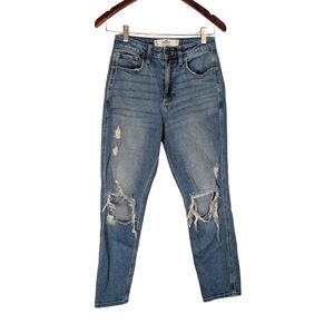 Hollister Curvy High Rise Mom Jeans Women's Size 24 Mid Wash Torn Knees